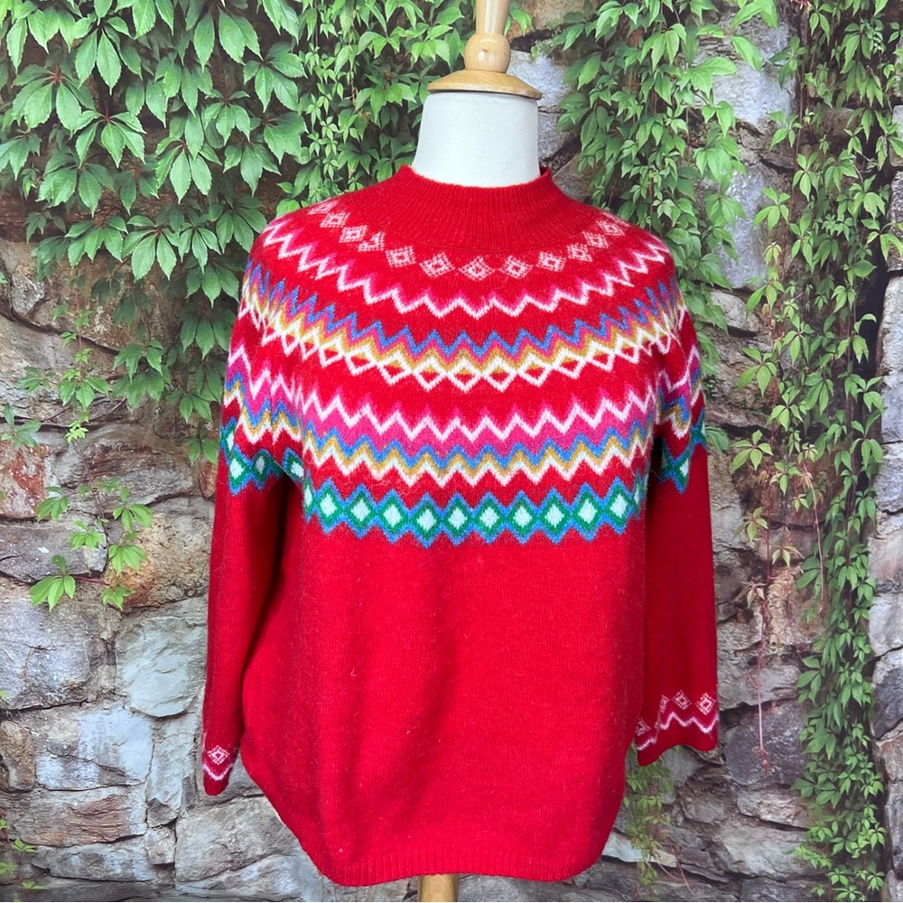 CROFT & BARROW Plus Red Fair Isle Nordic Chevron Cabincore Mock Neck Sweater, 2X - Picture 2 of 10